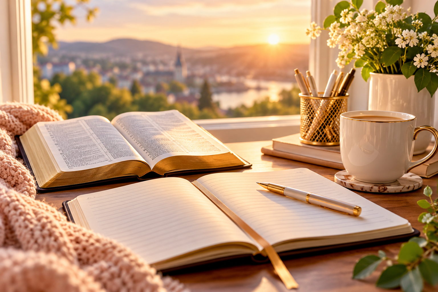 An open notebook and books arrenged on a sunlit writing desk.