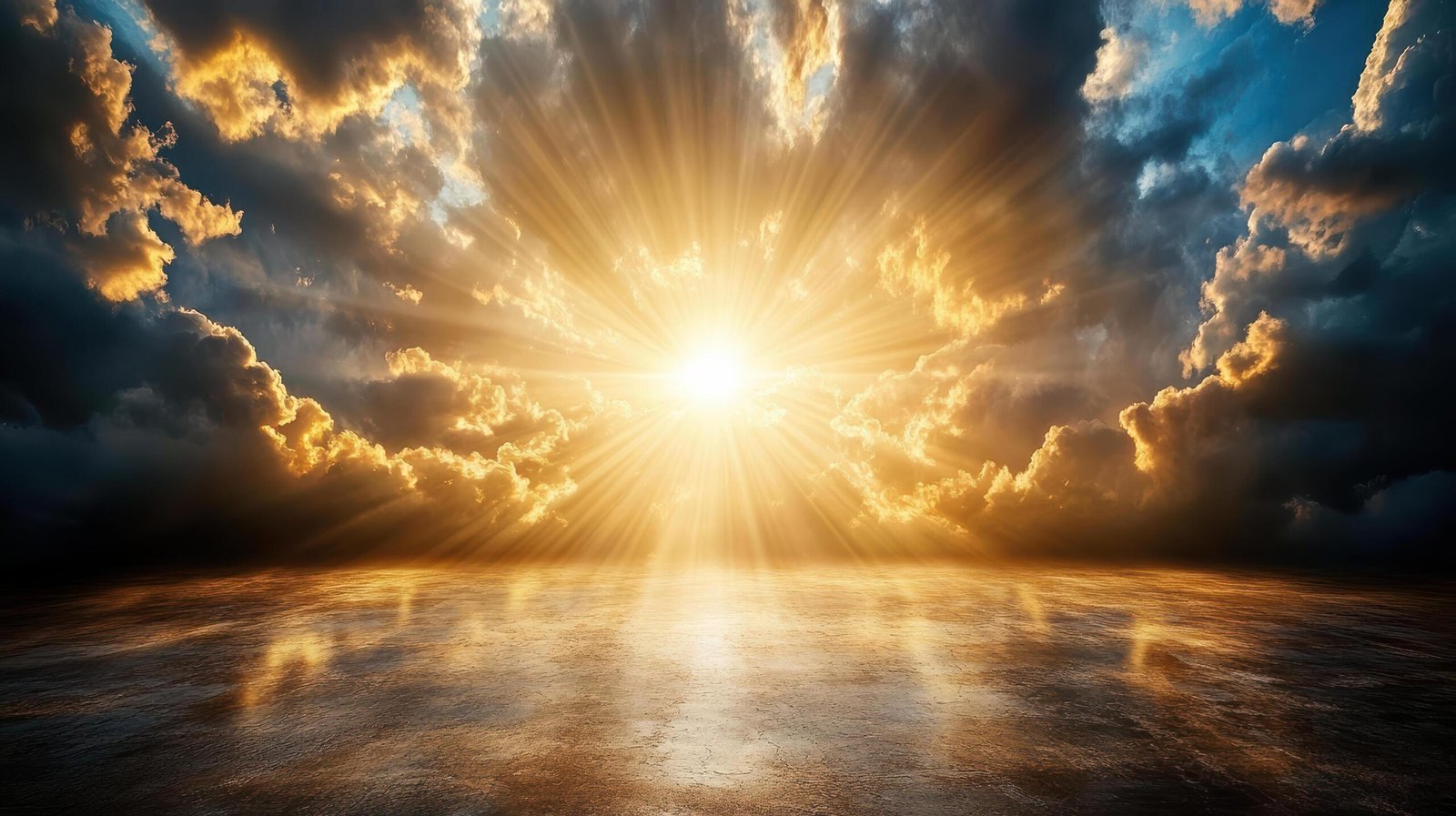 Golden sunlight breaking through dramatic clouds over water.