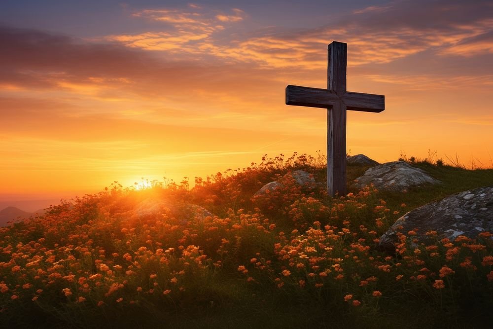 A Christian cross standing on a hill at sunset.